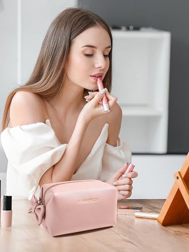 Rownyeon Makeup Bag Cosmetic Travel Toiletry Pouch Bow-knot Cute Handbag Leather Purse for Women Girls,Pink4