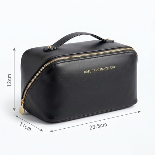 Image of Cosmetic Bag for Women, PU Leather Makeup Pouch, Large Capacity Travel Makeup Organizer with Divider & Handle, Waterproof Portable Vanity Storage Bag for Toiletries (Black)
