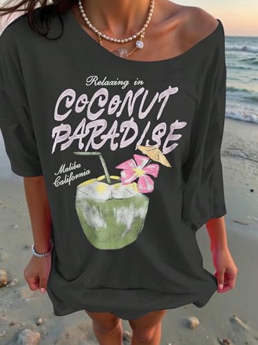 Image of SXV STYLE Women's Casual Letter Print Asymmetric Neck Loose Short Sleeve T-Shirt,