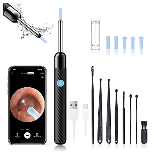 Ear Wax Removal - Earwax Remover Tool with 8 Pcs Ear Set - Ear Cleaner with Camera - Earwax Removal Kit with Light - Ear Camera with 6 Ear Spoon - Ear Cleaner for iOS & Android (Black)
