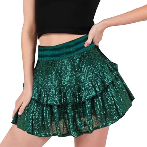 Falda corta de lentejuelas para mujer, con purpurina, cintura alta, volantes, con purpurina brillante, minifaldas para salir de noche, club, fiesta, verano, verde, L