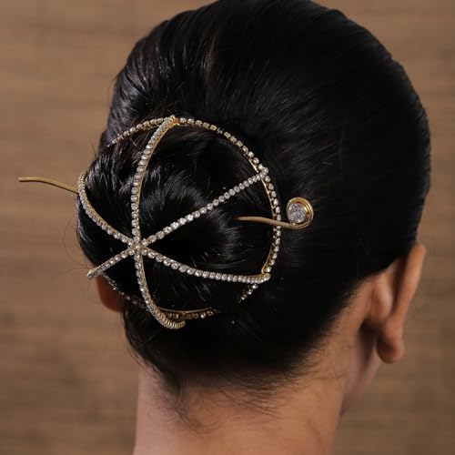 Image of Hair Bun Cage Accessory for Women | Handcrafted Brass Juda Cover with Stick | Anti-Tarnish Traditional Hair Accessory for Wedding & Festive (Rhinestone Hair Bun (Golden))