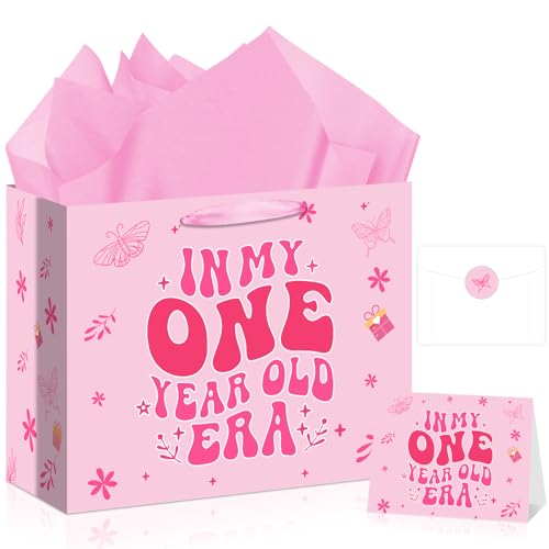 Allparty Baby Girl 1st Birthday Gift Bag In My One Year Old Era Gift Bag with Wrapping Paper Card Sticker Envelope for Girls Baby Shower Pink First Birthday Party Favors Decorations Supplies