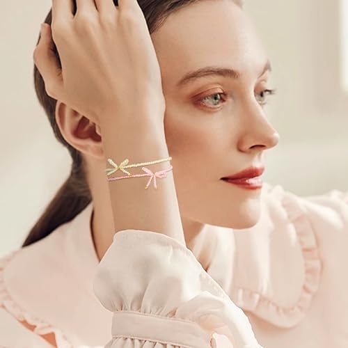 Pink White Bow Seed Beaded Bracelets Set for Women,Cute Boho Small Beads Handmade Stack Adjustable Friendship Ribbon Bracelet Holiday Prom Fashion Jewelry Gift.2