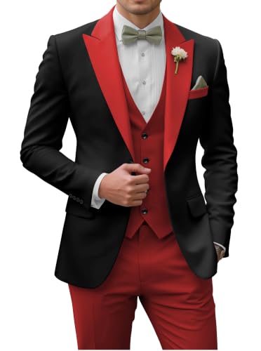 Mens Suit 3 Piece Classic Fit Tuxedo Suits for Men Regular Fit Elegant Prom Two Tone Color Black and Red Suits for Men with Bow Tie XXS