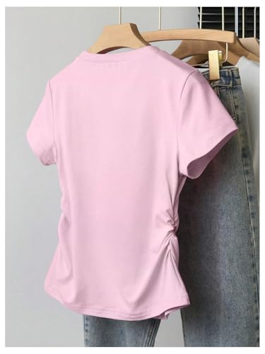 SweatyRocks Girl's Letter Strawberry Graphic Tee Crew Neck Short Sleeve Ruched Summer Tops2