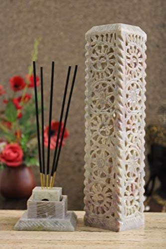 Carry Me Handmade Marble Soapstone Incense Stick Burner | Candle Stick Holder | Tea Light Stand - Floral Carving For Gifting. Decorative Incense Tower For Home And Office Decor. (3X3X11 Inches) #TOP6