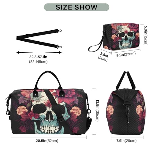 Large Travel Duffel Bag, White Skull Red Daisy Sports Tote Gym Bag, Shoulder Weekender Overnight Bag for Women Men, Carry On Luggage with Toiletry Bags3
