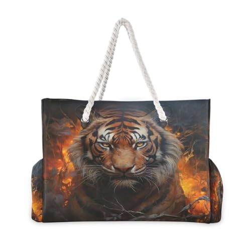 Flaming Tiger Beach Bag & Travel Tote Bag Large Sandproof with Zipper Closure, Wet Pouch for Swim Gym Travel, Lightweight Foldable Outdoor Bag2