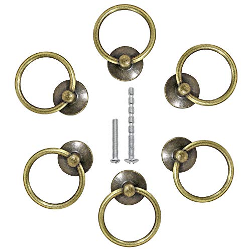 Bonsicoky 6Pcs Round Ring Drawer Pulls Vintage Bronze Ring Handle Knobs for Cabinet Drawer Dresser Cupboard Wardrobe, Single Hole