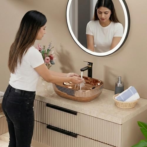 Image of BASSINO 18x13x5.5 Inches Table Top Washbasin /1 Year Warranty /Ceramic Wash Basin for Bathroom /Rectangular Shape Counter Top Wash Basin for Dining Hall /Living Room /Countertop Sink(Glossy Rosegold)