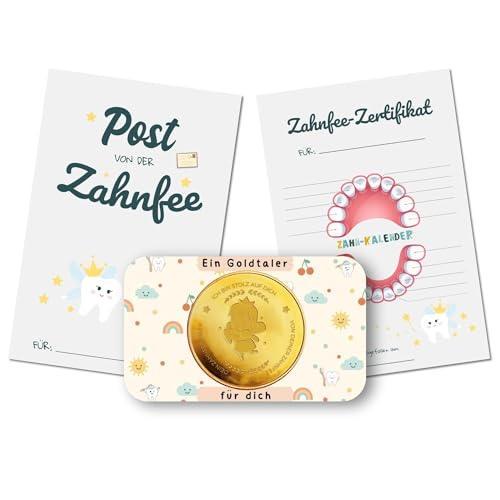 MilaBoo Zahnfee Geschenk Kinder I Goldene Glücksmünze mit Urkunde & Zahnzertifikat I Geschenkset für Mädchen & Jungen zur Zahnübergabe (Zahnfee Glücksmünze)