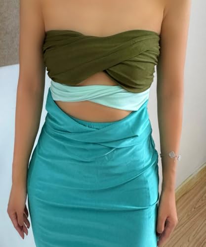 Image of heyheyshine Patchwork Y2K Strapless Dress Party Sleeveless Backless Sexy Hollow Out Dresses Women Summer Beach