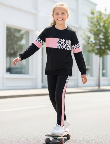 Image of PATPAT Little Girls Clothes Crew Neck Leopard Color Block Sweatshirt and Leggings Girls Outfits Size 4-12Y