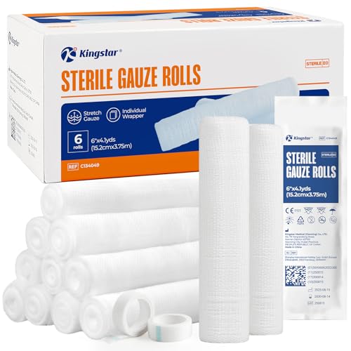 Image of Sterile Gauze Rolls, 6in x 4.1 Yards, Conforming Stretch Gauze Bandage, Pack of 6, Firm Support for Dressings and Splints, Latex-Free First Aid Supplies Individually Wrapped with Bonus Tape