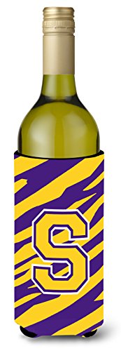 Monogram - Tiger Stripe - Purple Gold Initial S Wine Bottle Beverage Insulator Beverage Insulator Hugger