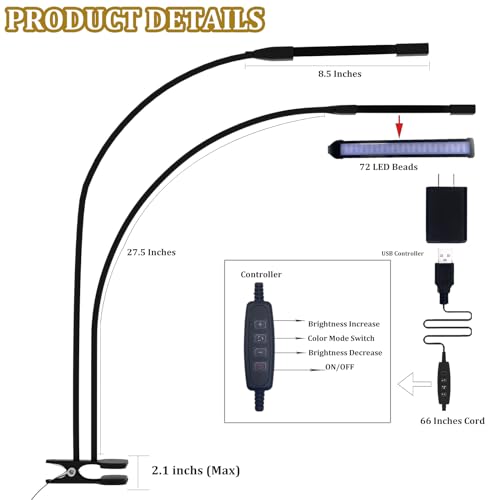 Image of Clamp on Desk Lamp-3 Color Mode & 10 Brightness Levels,Dual LED Tube Flexible Gooseneck Clip Light for Architect Reading, Working, Bedroom Headboard, Dorm