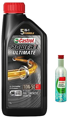 Image of Castrol POWER1 ULTIMATE 10W-50 4T Full Synthetic Engine Oil for Bikes 1L & Castrol Engine Shampoo Pre Oil Change Treatment (Flushing Oil) for Petrol 300 ml, CNG and Diesel Cars (3418104)