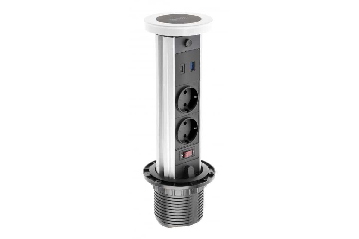 GTV Presa da tavolo da incasso CAMINO 80 mm, 2 x Schuko, USB-A+C, ricarica a induzione 10 W, cavo da 1,5 m, colore bianco, ideale per ufficio, sale conferenze e casa ufficio