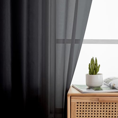 Image of Simplebrand Black Sheer Curtains 96 Inches Long, Light Filtering Rod Pocket Solid Color Window Sheer Curtain Panels, Elegant Curtains & Drapes for Living Room, Bedroom 2 Panels (Black, 59 inch W x 96 inch L)