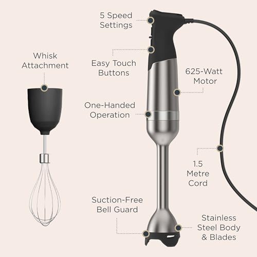 Image of Vitamix 5-Speed Immersion Blender 3-Piece Bundle, Stainless Steel /Black | 5-Speed Control, One-handed Operation, Stainless Blades, Whisk & Storage Case Included, 5-Foot Cord, Blend in Any Container