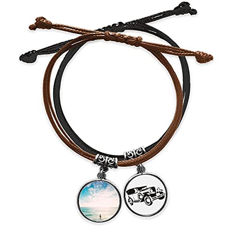 Bracelet mer océan cuir et corde tressée avec breloque minibus rétro