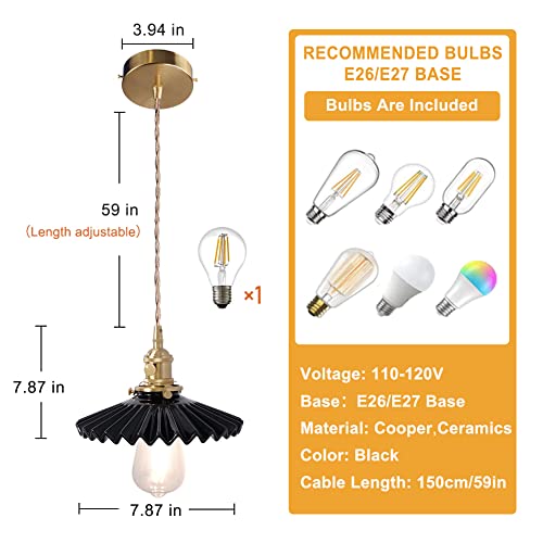 Shenmoyl Pendant Light Retro Black Pleated Ceramic Lampshade Nordic Hanging Lamp, Brass Finish Ceiling Drop Light E26/E27 Fixture Lamp Fitting With Kitchen Island Bedroom 7.87 Inch Diam #TOP1