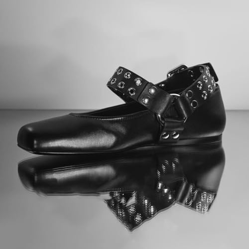 KOKOMOMO Cute Studded Mary Janes for Women Gothic Buckled Decor Y2k Ballet Ballerina Shoes Punk Stud Square Closed Toe Anke Strap Pumps2