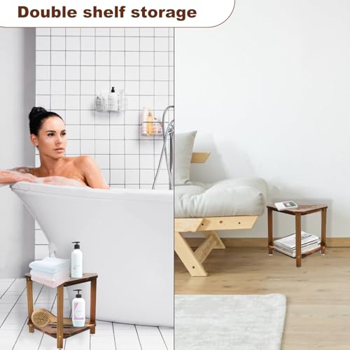 IBosins Corner Shower Stool with Storage Shelf Shower Foot Rest for Shaving Legs Small Bench for Inside Shower to Sit on Bath Seat - Acacia Wood - Image 5