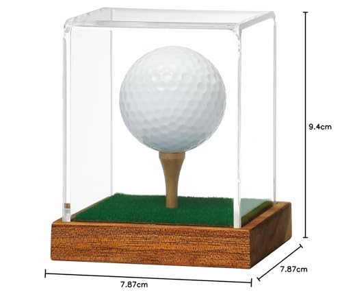JupDec Golf Ball Display Case Clear Acrylic Memorabilia Stand Cube Holder with Wood Base & Tee, Dust Protection Transparent Storage Box for Single Ball Souvenir Golfball Collections, Brown, 1 Pack
