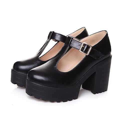 Aceptolcom Women's Leather T Strap Mary Jane Wedges Platform Loafers Comfortable Casual Buckle Strap Chunky Heel Office Shoes Dress Shoes