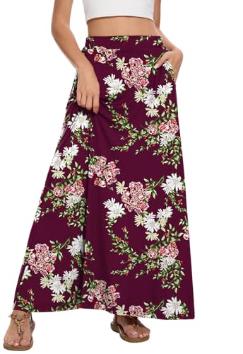 Image of Womens Maxi A-line Long Skirt Casual 2026 Elastic High Waist Flowy Skirts with Pockets