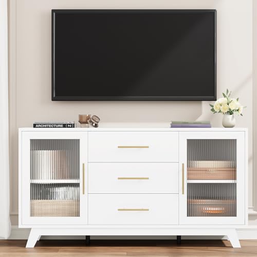 Garvee Retro Buffet Cabinet with Fluted Glass Doors, 56" Kitchen Storage Sideboard, Multifunctional Coffee Bar Cabinet with Adjustable Shelves for Din