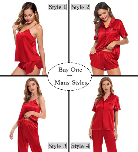 Image of SWOMOG Womens Silk Satin Pajamas Sets 4pcs Sleepwear Sexy Cami Shorts Set and Button Down Short Sleeve Pjs Loungewear Candy Red Medium