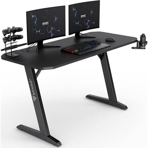Schreibtisch Nomad Basic, Gaming Tisch 140×60, PC Tisch mit Kopfhörerhaken, Getränkehalter, Controller Halter, Gaming Computertisch mit Kohlefaseroberfläche, Ergonomischer Gaming Desk