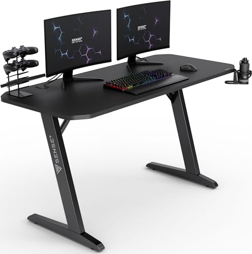 Schreibtisch Nomad Basic, Gaming Tisch 140x60, PC Tisch mit Kopfhörerhaken, Getränkehalter, Controller Halter, Gaming Computertisch mit Kohlefaseroberfläche, Ergonomischer Gaming Desk