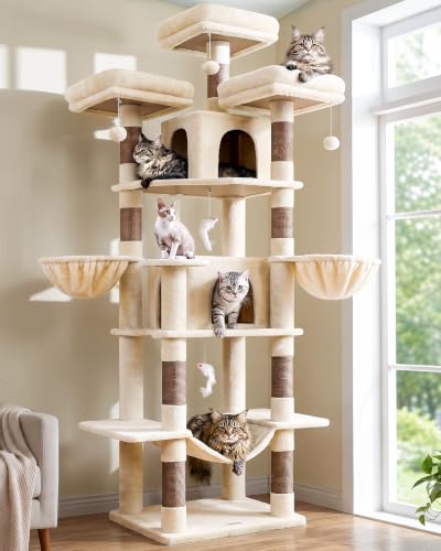 Globlazer Kratzbaum Beige Große XXL hoch 204 cm mit 3 Gepolsterte Sitzstangen 2 Katzenhaus 2 Korb Hängematte Luxus Katzenbaum Stabil für 3-5 Erwachsene Katze Ausruhen Spielen Kratzen (F80 Beige)
