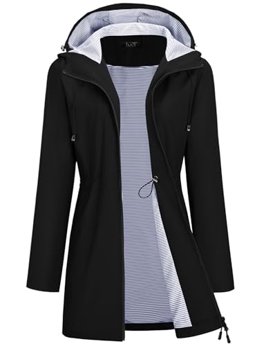 TCOT Women's Striped Lined Raincoats Waterproof Hooded Rain Jacket Active Windbreaker Jackets Long Trench Coat Black L
