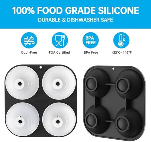 HONYAO Silicone Whiskey Ice Ball Mold - 2.4 Inch Large Ice Cube Trays Molds Silicone with Lids - Ice Sphere Maker for Cocktails, Bourbon, Rum - 4 Iceballs - Thumbnail 3