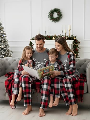 Image of IFFEI Matching Family Pajamas Sets Christmas PJ's with Letter and Plaid Printed Long Sleeve Tee and Bottom Loungewear