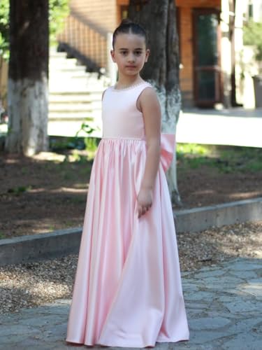 Satin Flower Girl Dress for Wedding Pearls Crewneck Long A-Line Princess Kids First Communion Pageant Party Bow Ball Gowns4