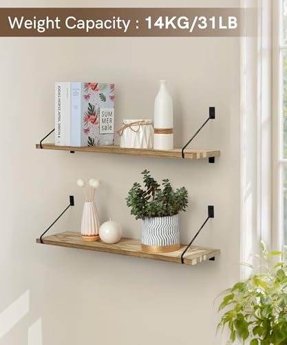 Petrala Floating Shelves Wooden for Wall Rustic Hanging Shelves Wall Mounted Shelf Long 60cm for Kitchen Bedroom Bathroom Living Room Hallway Display And Decor Set of 2 With Metal Brackets