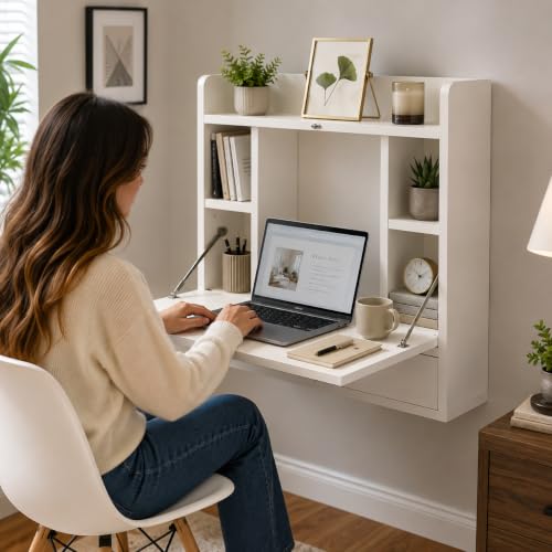 Basicwise Wall Mounted Folding Desk with Storage Shelves - Floating Table with Drawers, Space Saving for Small Spaces, 23.75 x 6.75 x 23 in, White for Home Office, Bedroom, Study, Dorm Room by Basicwise - Used condition - Image 3