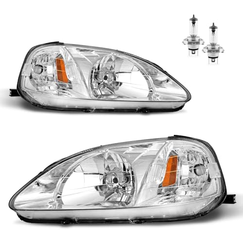 KarSpareHub Headlights Assembly for 1999-2000 Honda Civic 2/3/4 Door Headlamp Replacement Chrome Housing Amber Reflector Driver & Passenger Side