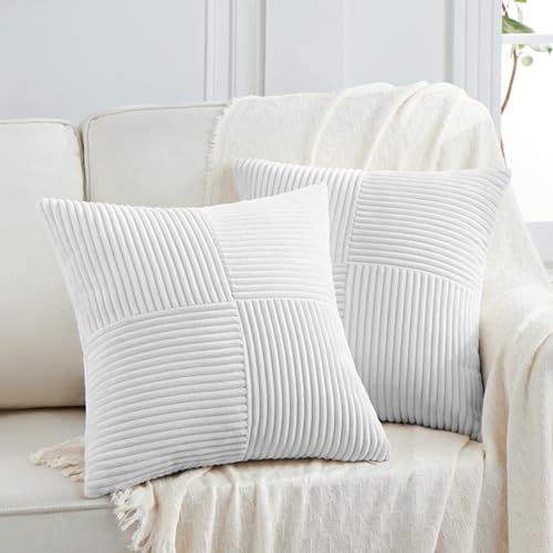 Image of Fancy Homi 2 Packs Pure White Decorative Throw Pillow Covers 20x20 Inch for Living Room Couch Bed Sofa, Rustic Farmhouse Boho Home Decor, Soft Corss Corduroy Patchwork Accent Cushion Case 50x50 cm