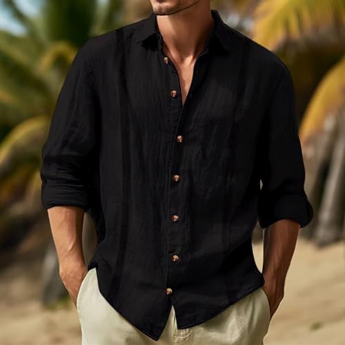 Generic Mens Linen Shirts Long Sleeve Button Down Tops Loose Lapel Casual T-shirts Breathable Beach Tees Spring Summer Fall3