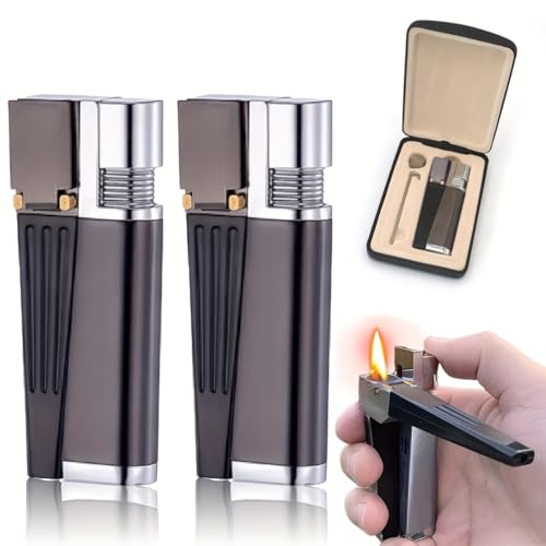 Encendedor plegable retro 2 en 1 con caja de cuero negro miniatura 1