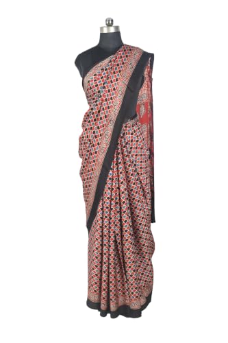 Image of Ethnics of Kutch Womenss Ajrakh Modal Silk Natural Dye Hand Block Print Saree with Blouse Piece - 5.5 Mtr Length