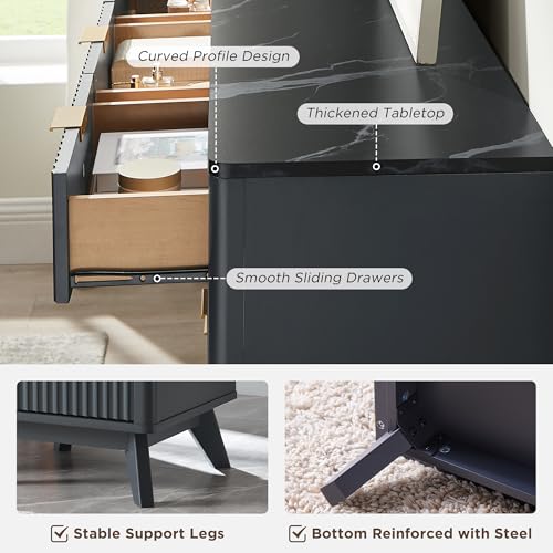 Image of T4TREAM Fluted 9 Drawers Dresser, 54 inch Wide Modern Chest of Drawers with Faux Marble Top, Curved Profile Design, Dresser TV Stand, Wood Drawer Organizer for Bedroom, Living Room, Hallway, Dark Grey