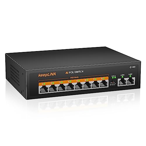keepLiNK 10 Port PoE Switch, 8 x 100Mbps PoE+ Ports 2 x 100Mbps Uplink Ports, 120W 802.3af/at, Extend Function, Metal Fanless Unmanaged